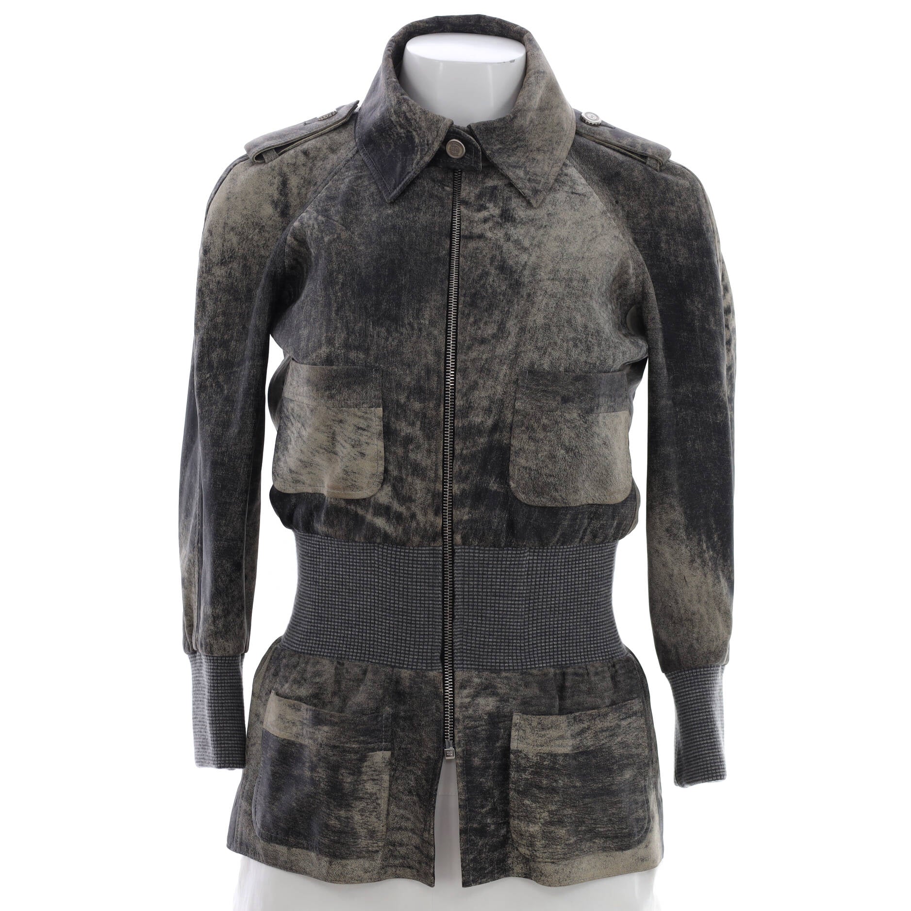 Women's Four Pocket Peplum Zip Utility Jacket Distressed Leather