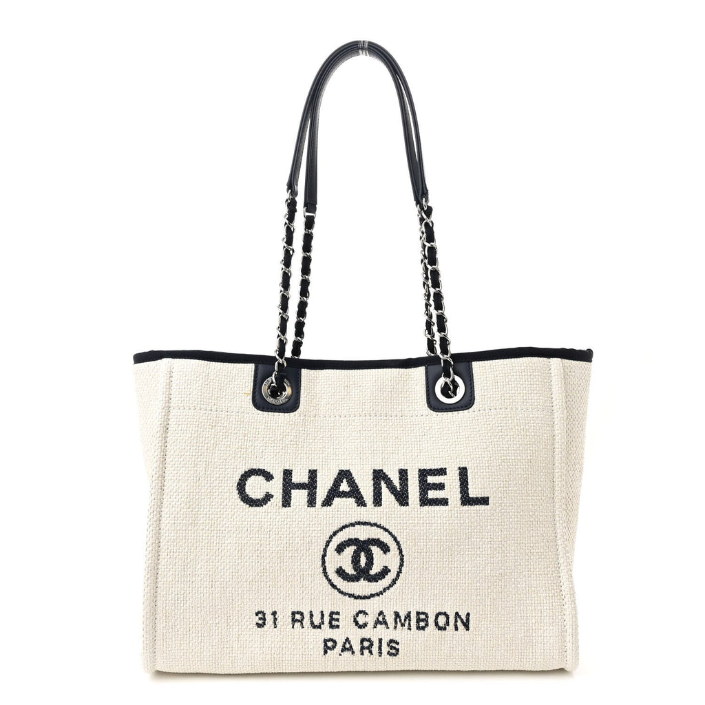 Woven Straw Raffia Small Deauville Tote White Navy