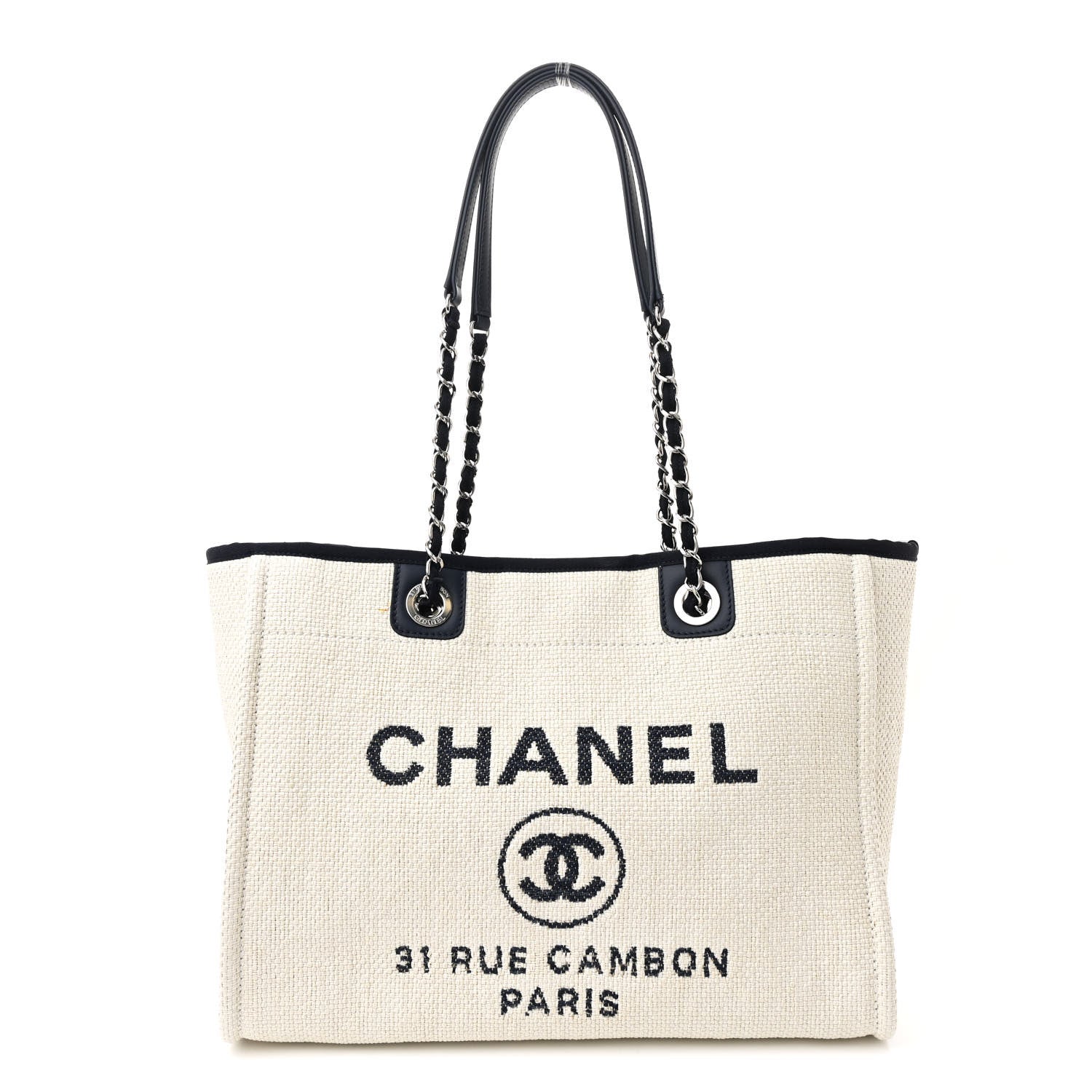 Woven Straw Raffia Small Deauville Tote White Navy