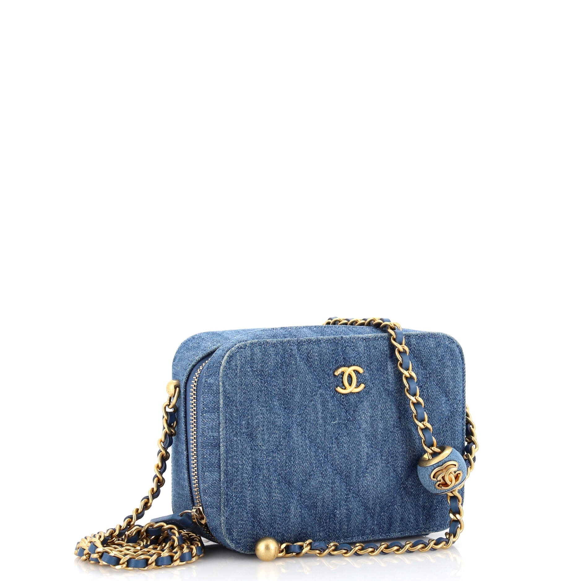 Pearl Crush Zip Around Vanity Case with Chain Quilted Denim Mini