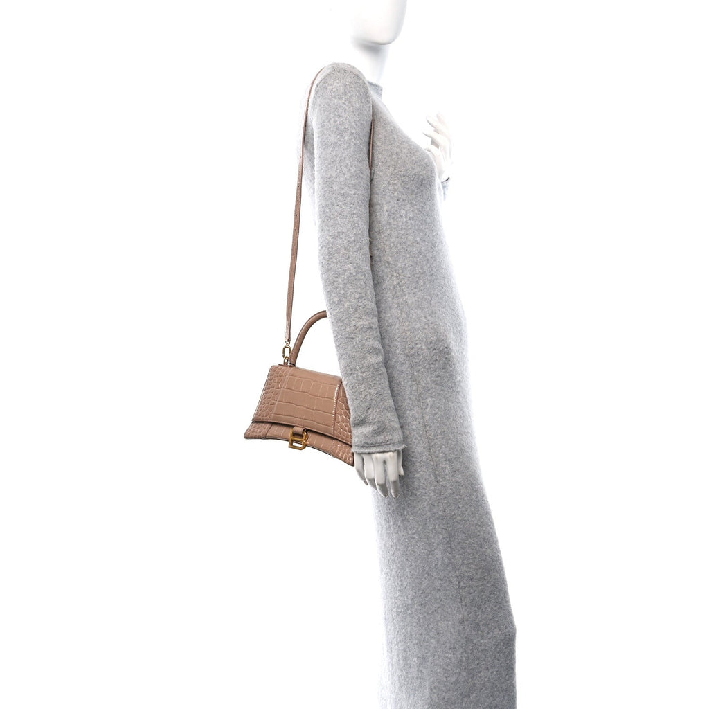 Shiny Calfskin Crocodile Embossed Small Hourglass Top Handle Bag Nude Beige