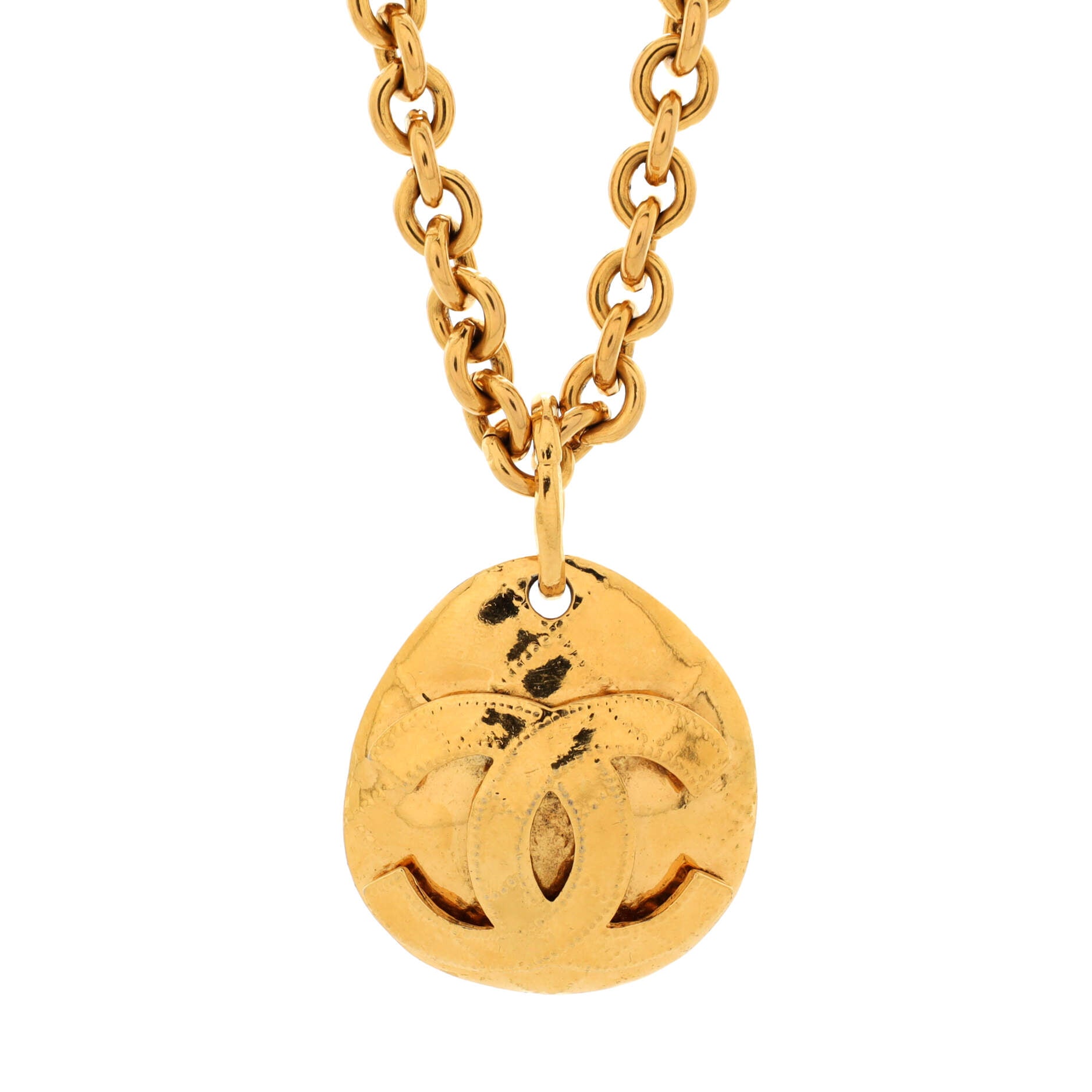 Vintage CC Quilted Teardrop Pendant Necklace Metal