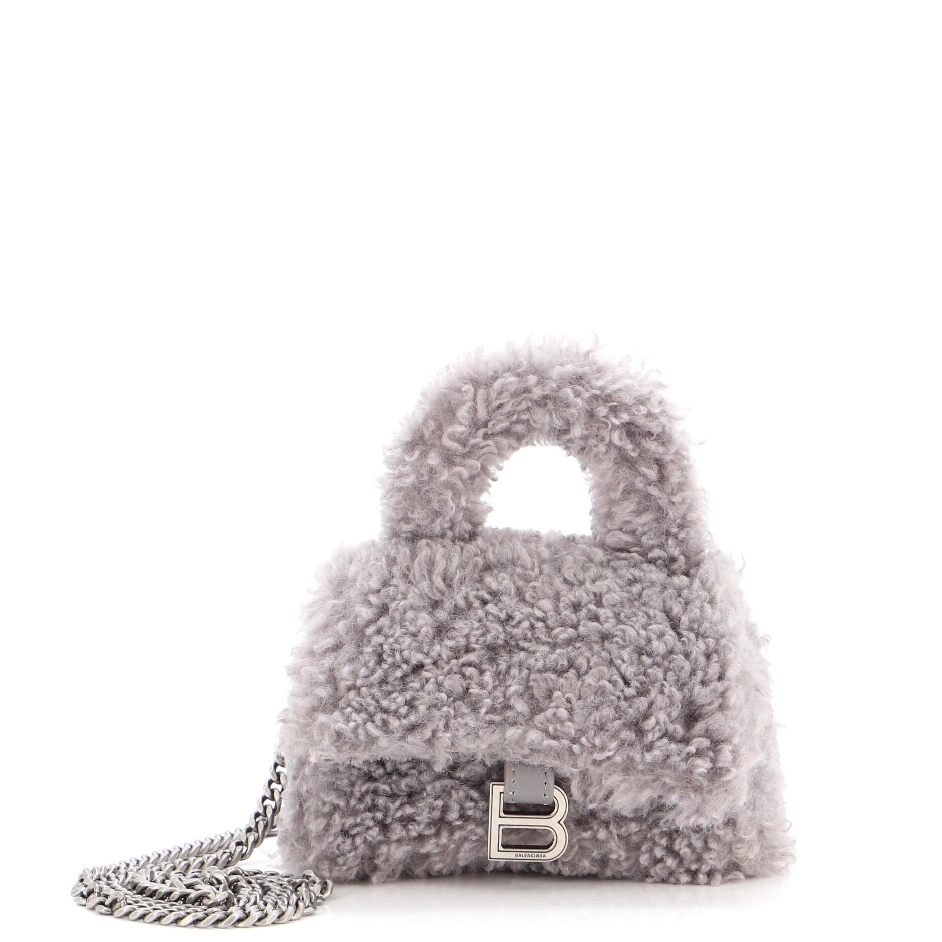 Fluffy Hourglass Chain Top Handle Bag Faux Fur Mini