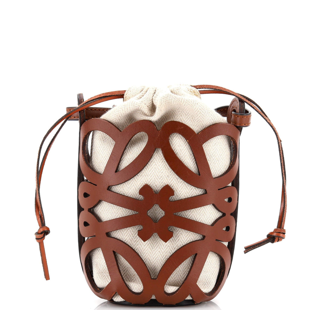 Anagram Drawstring Bucket Crossbody Bag Leather with Canvas Mini