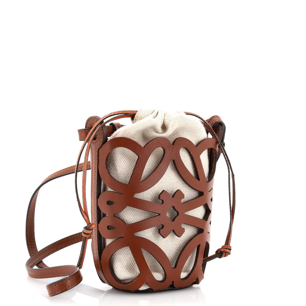 Anagram Drawstring Bucket Crossbody Bag Leather with Canvas Mini