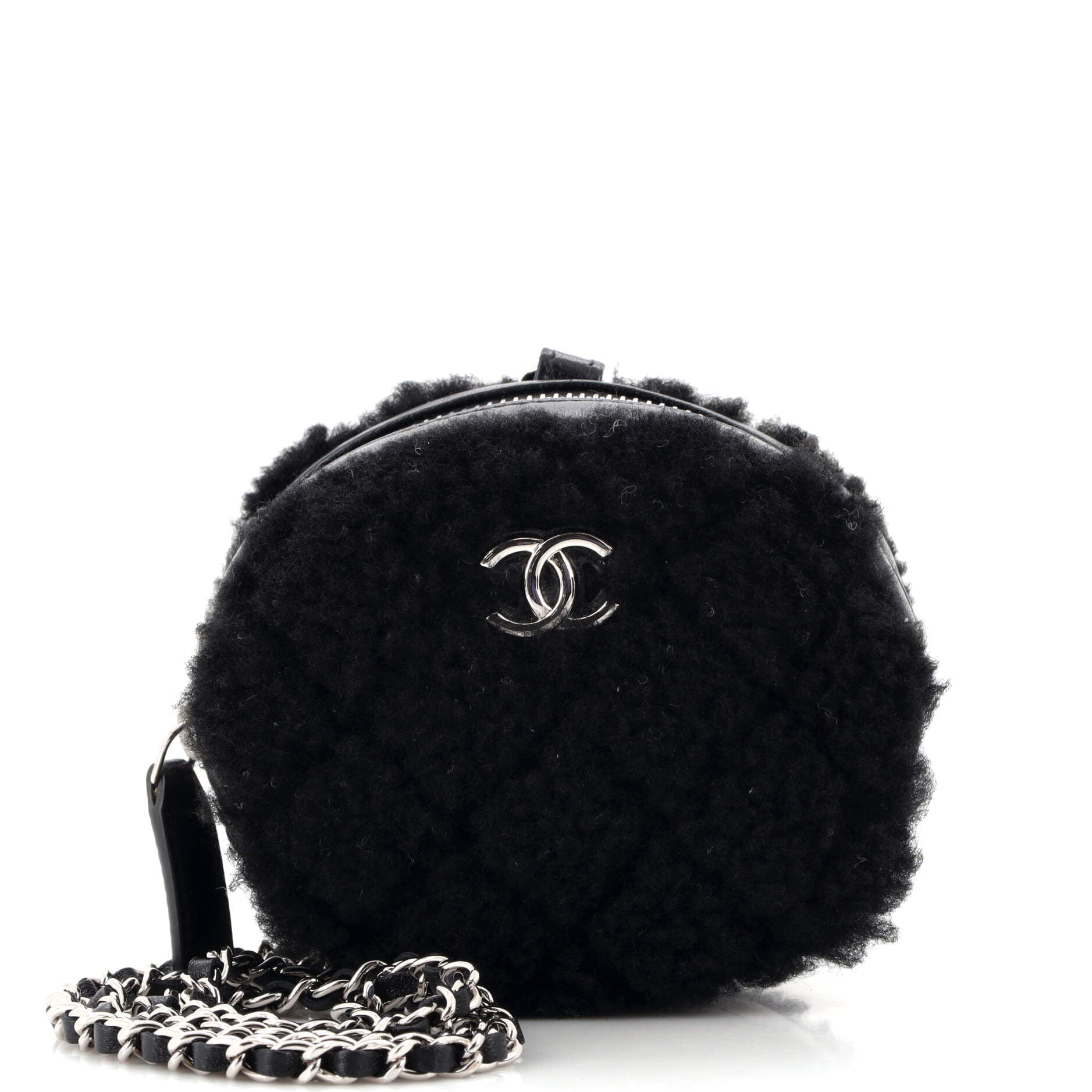 Round Clutch with Chain Quilted Shearling Mini