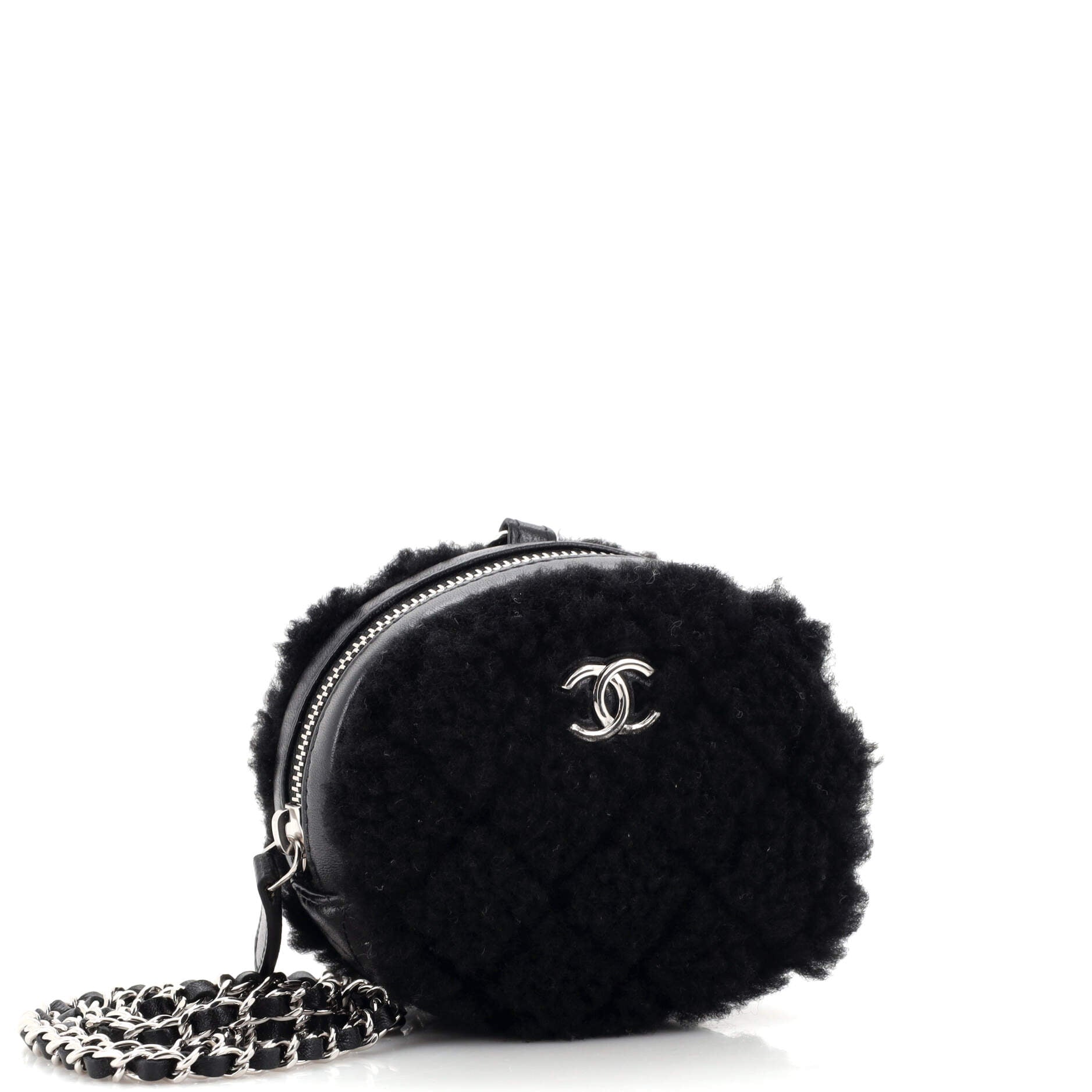 Round Clutch with Chain Quilted Shearling Mini