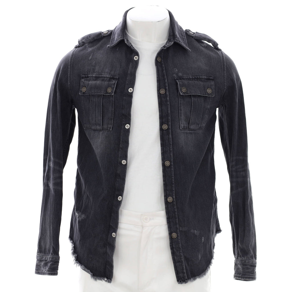 Men's Button Up Collared Shirt Distressed Denim