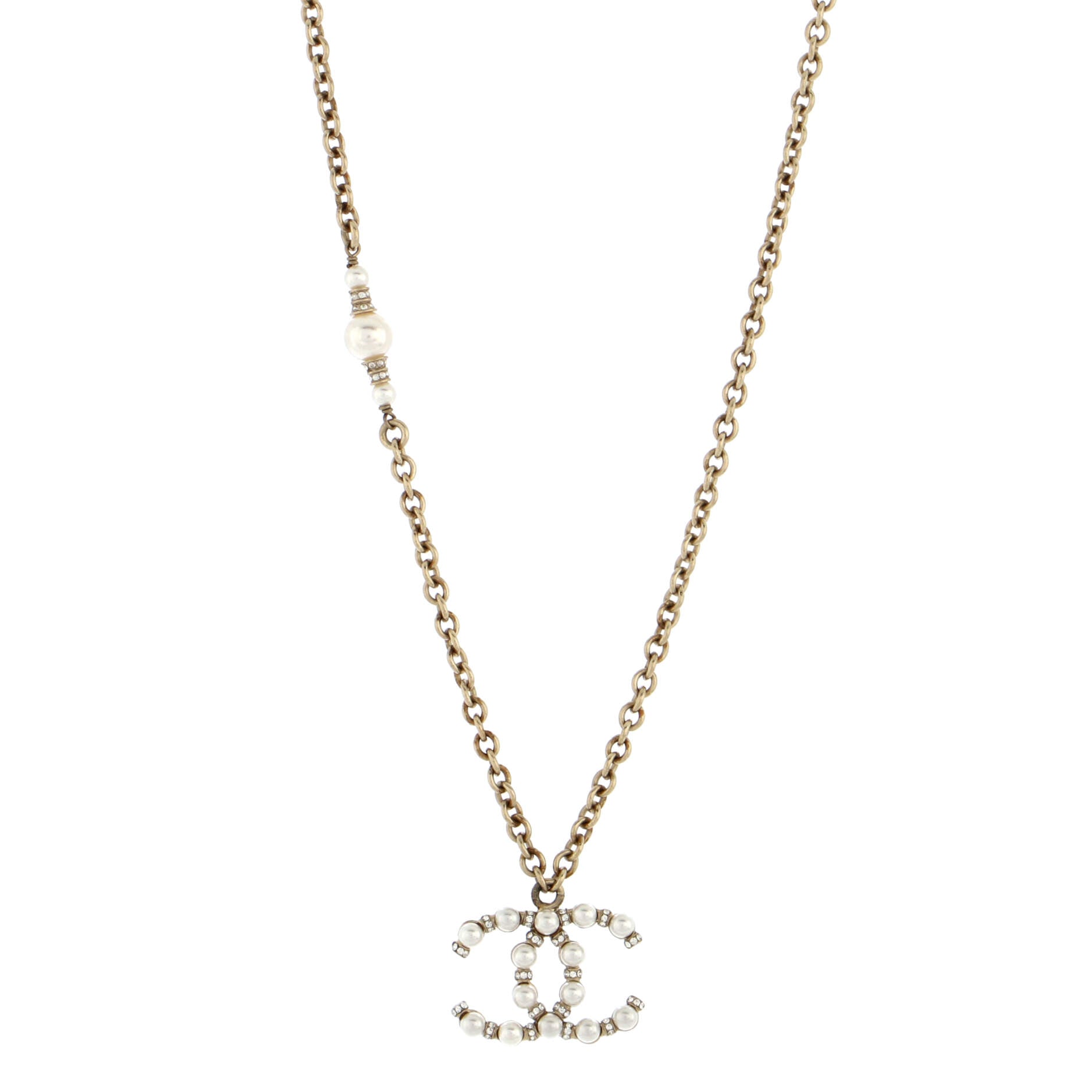 CC Pendant Necklace Metal with Crystals and Faux Pearls