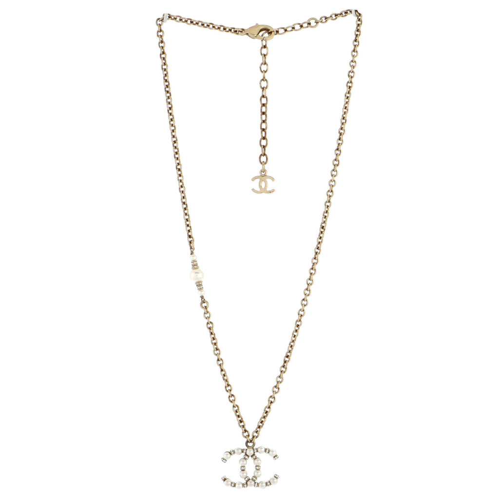 CC Pendant Necklace Metal with Crystals and Faux Pearls