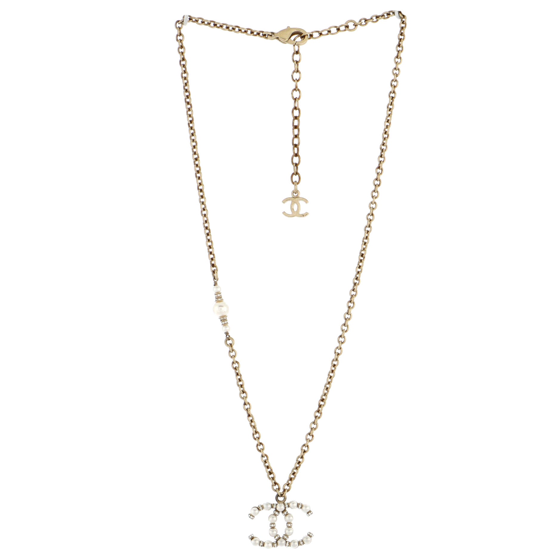 CC Pendant Necklace Metal with Crystals and Faux Pearls