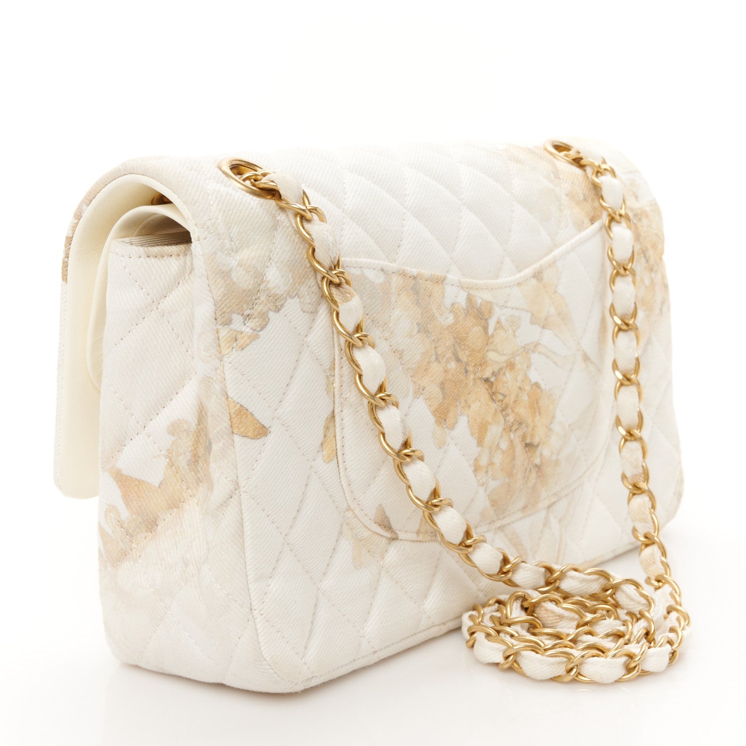 Denim Floral Printed Medium Double Flap Beige