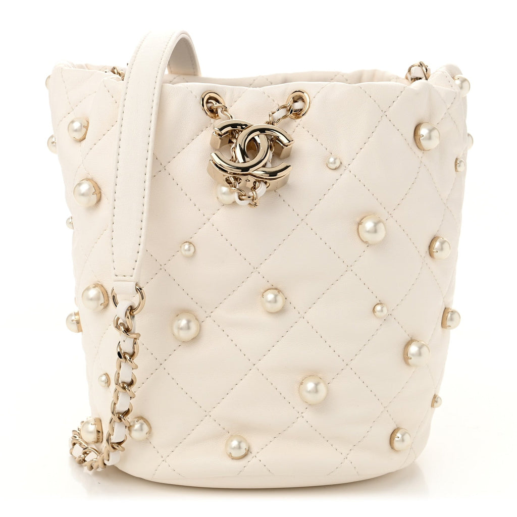 Lambskin Quilted Pearl About Pearls Drawstring Bag White