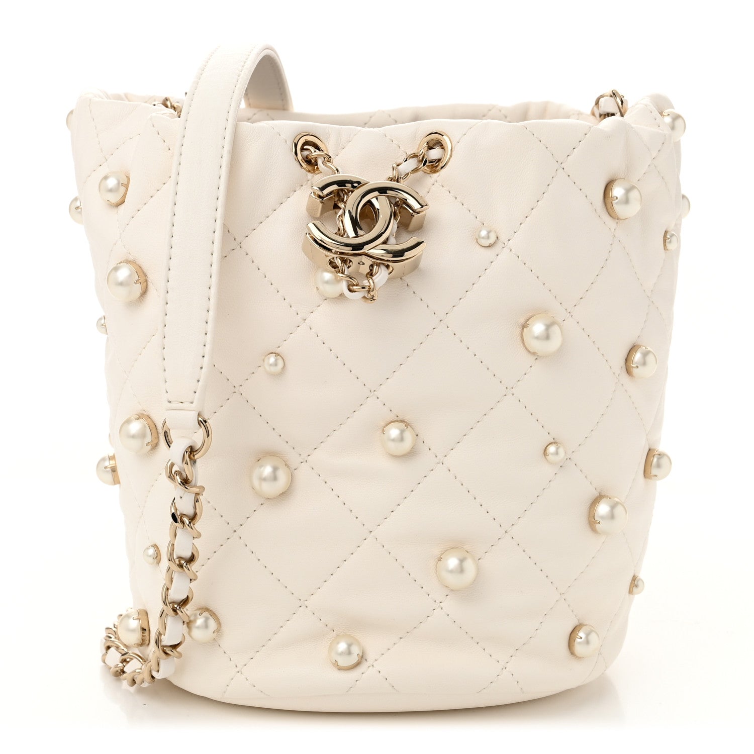 Lambskin Quilted Pearl About Pearls Drawstring Bag White