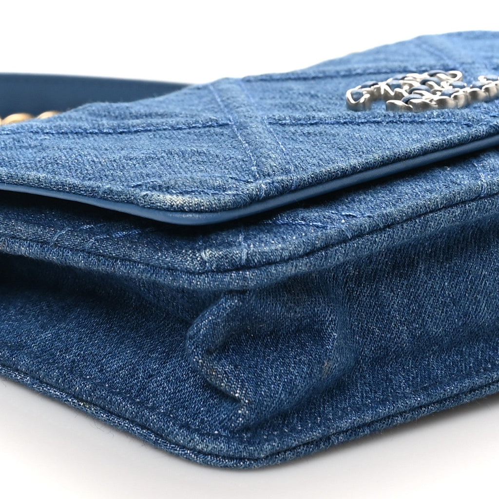 Denim Quilted Chanel 19 Wallet On Chain WOC Blue