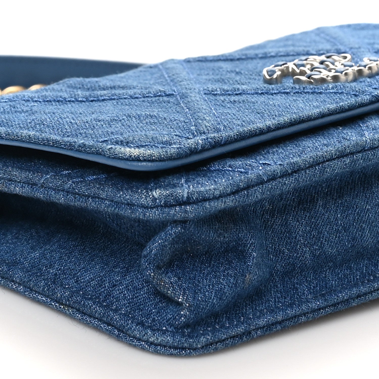 Denim Quilted Chanel 19 Wallet On Chain WOC Blue