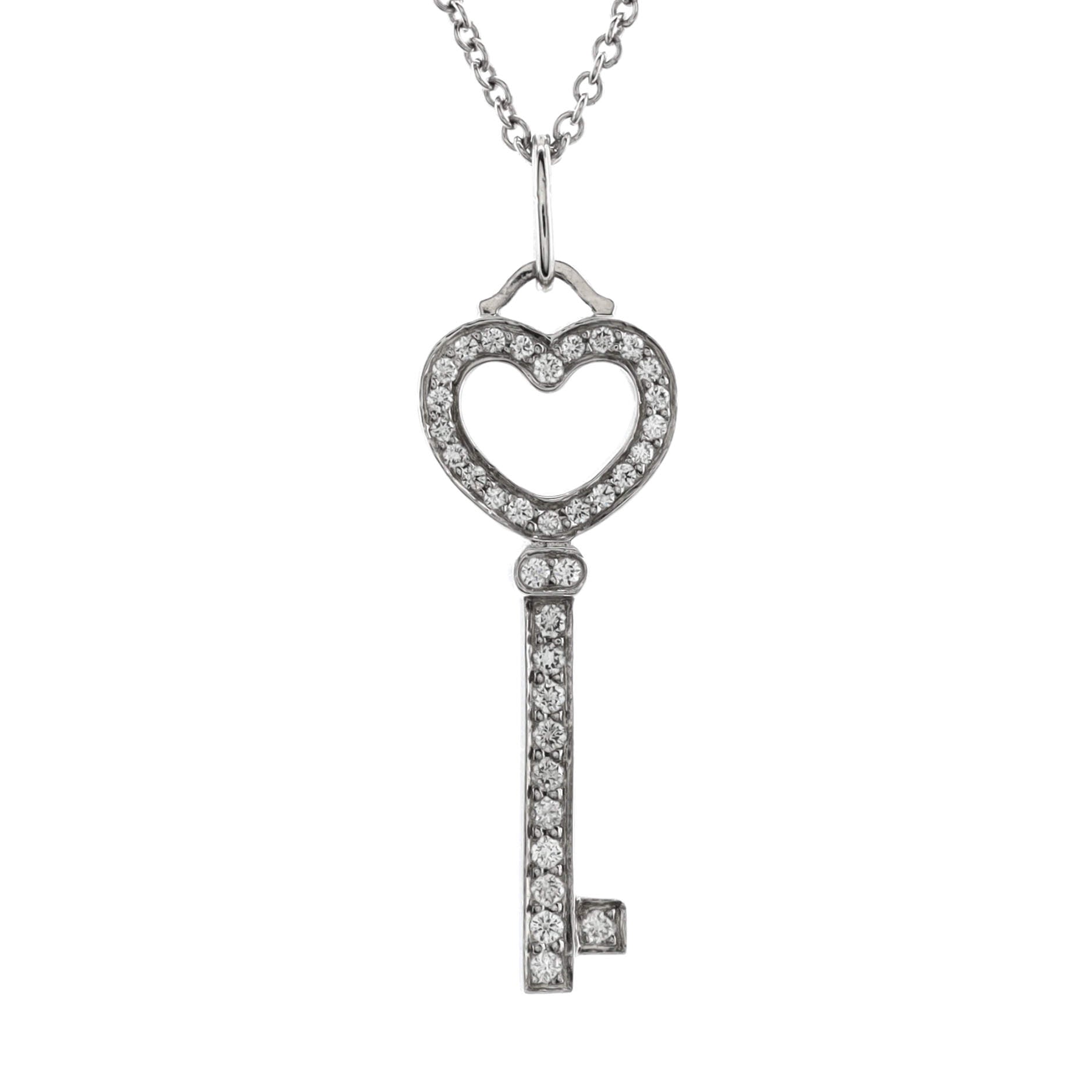 Heart Key Pendant Necklace Platinum and Pave Diamonds Mini