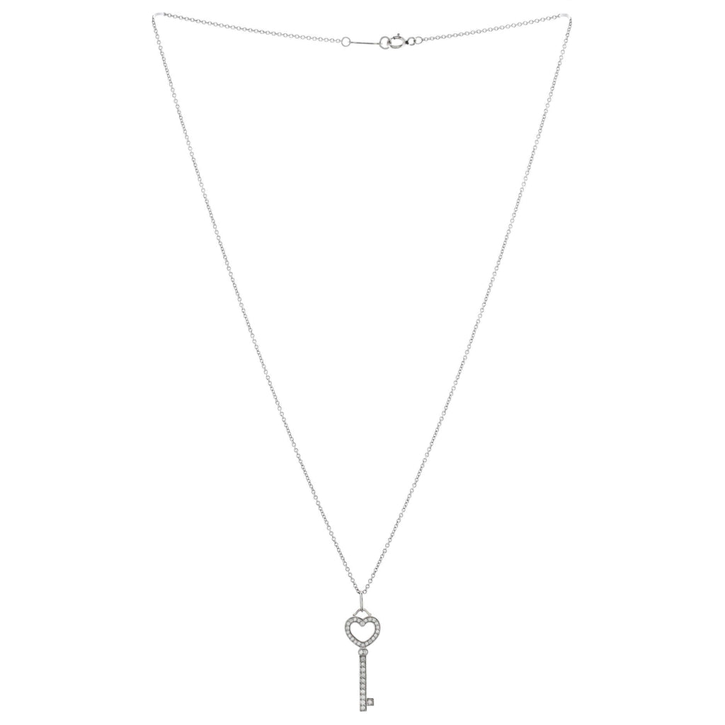 Heart Key Pendant Necklace Platinum and Pave Diamonds Mini