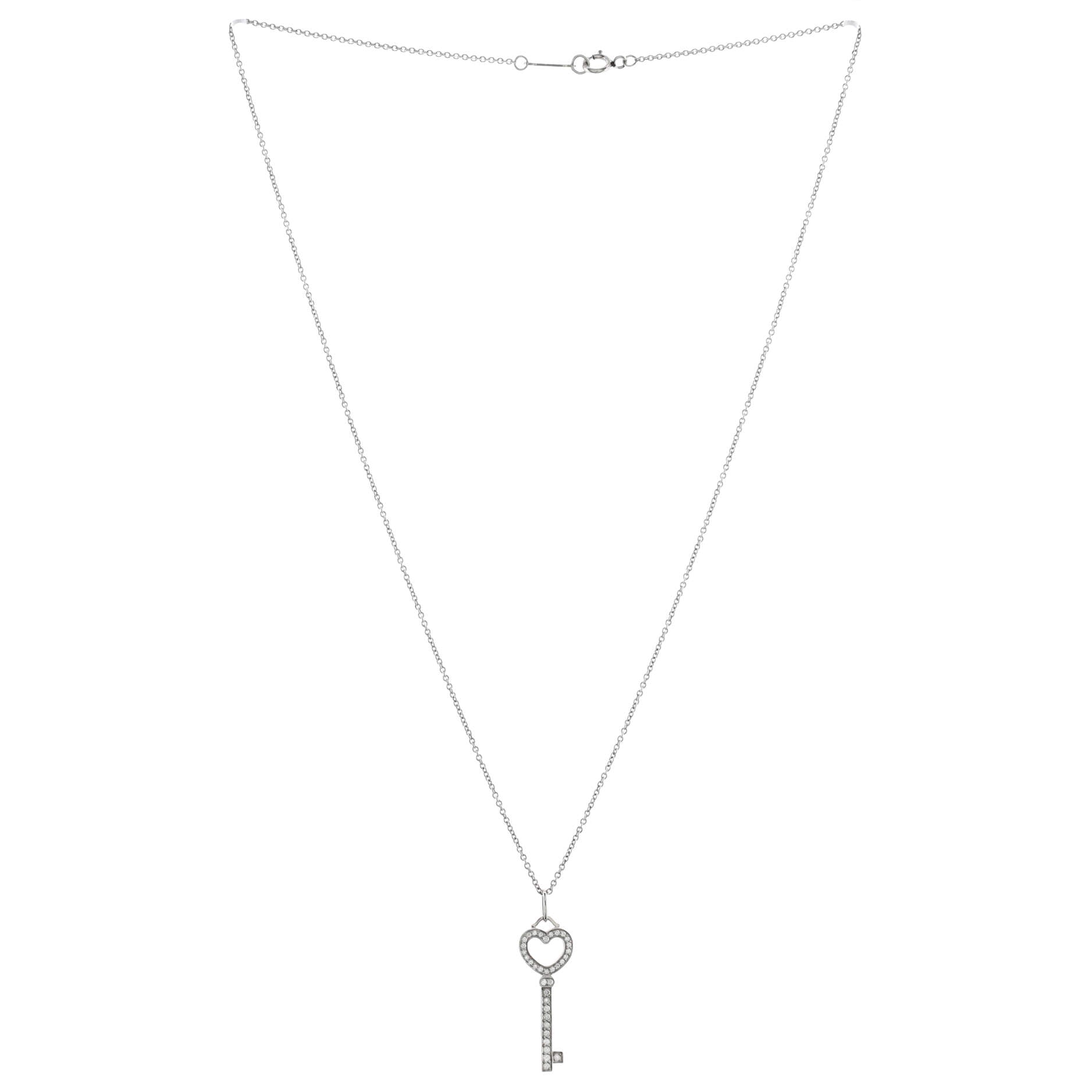 Heart Key Pendant Necklace Platinum and Pave Diamonds Mini