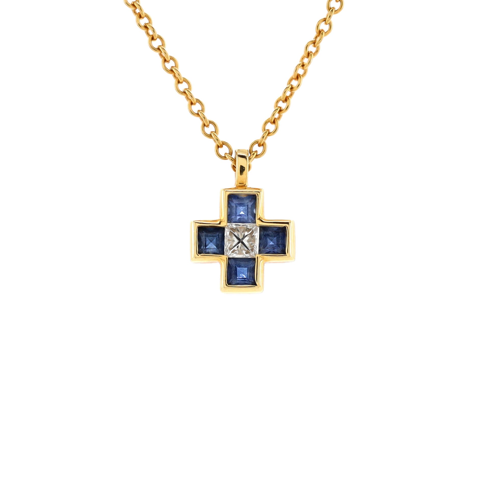 Cruciform Cross Pendant Necklace 18K Yellow Gold with Diamond and Blue Sapphires