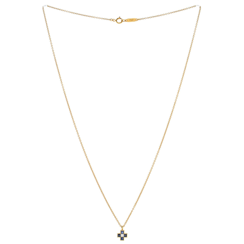 Cruciform Cross Pendant Necklace 18K Yellow Gold with Diamond and Blue Sapphires