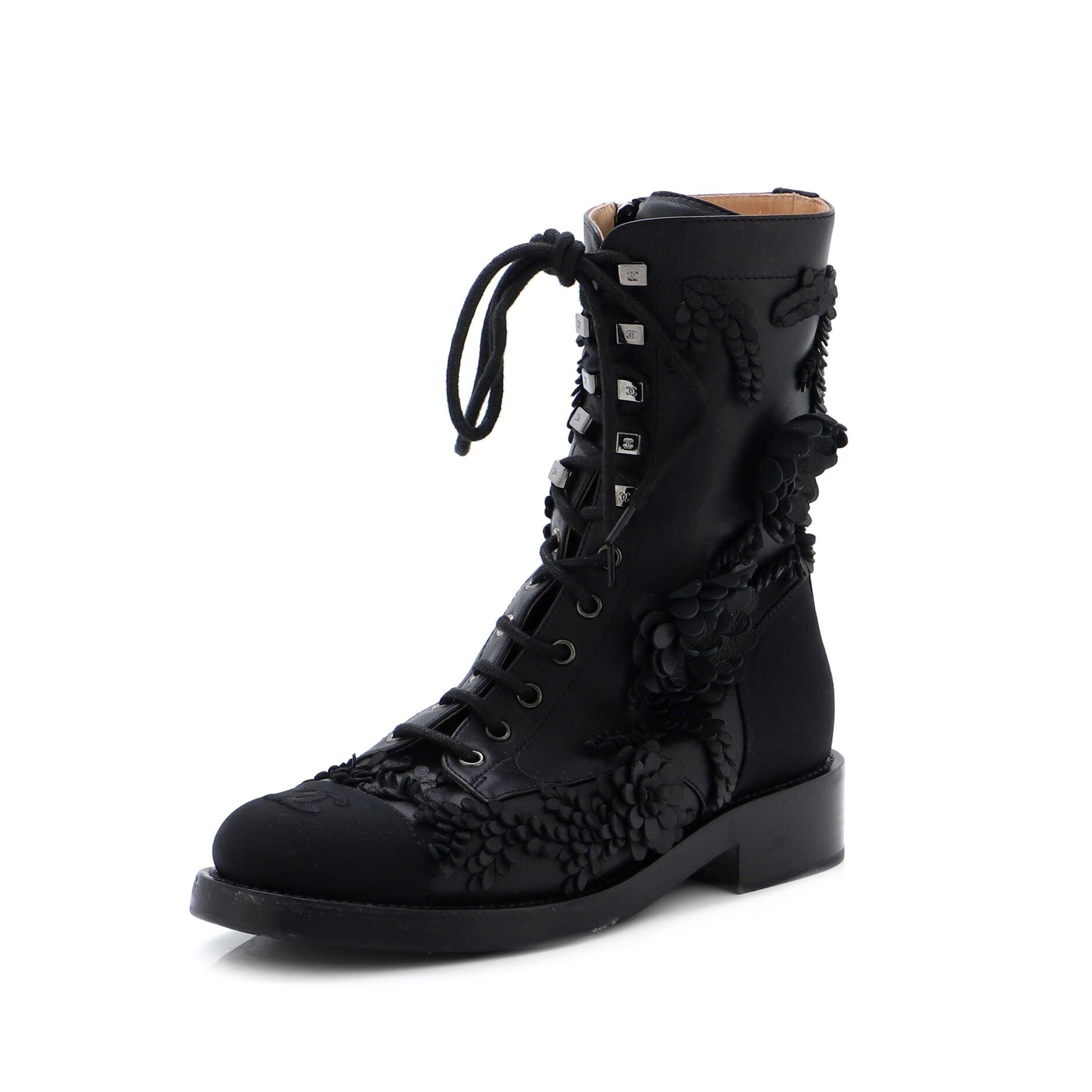 Women's Camellia CC Cap Toe Combat Boots Embellished Leather with Fabric