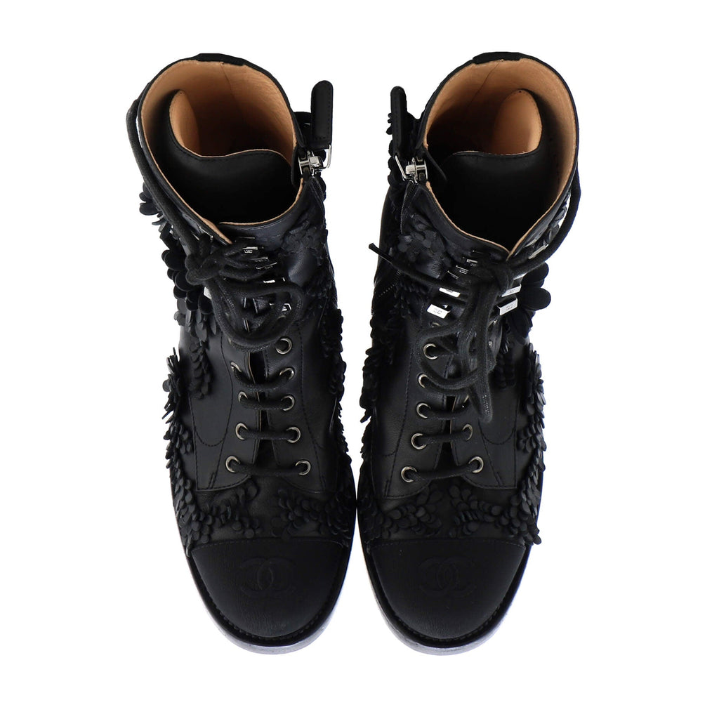 Women's Camellia CC Cap Toe Combat Boots Embellished Leather with Fabric