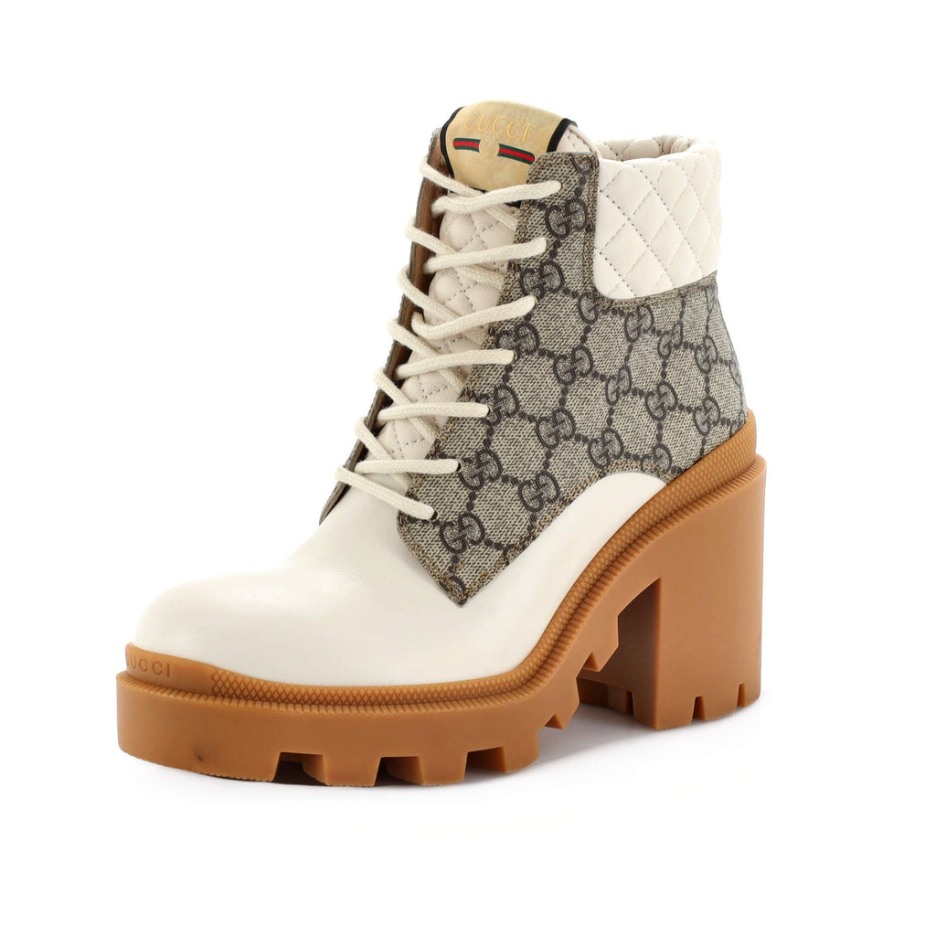 Women's Lace Up Heeled Ankle Boots GG Coated Canvas with Quilted Leather