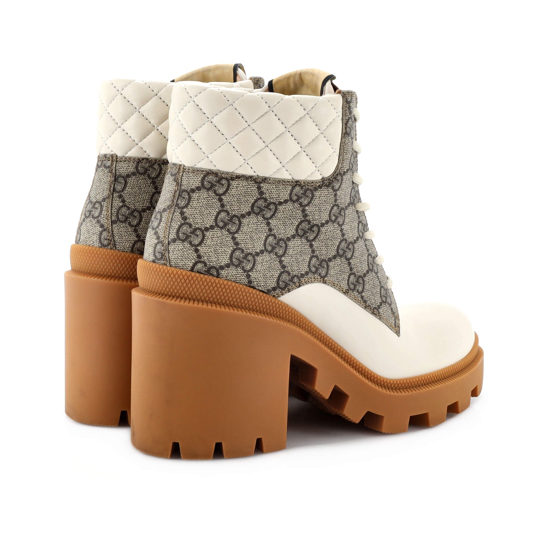 Women's Lace Up Heeled Ankle Boots GG Coated Canvas with Quilted Leather