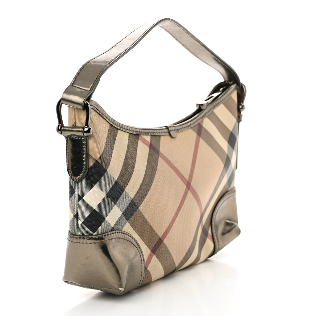 Metallic Nova Check Patent Hobo Pewter
