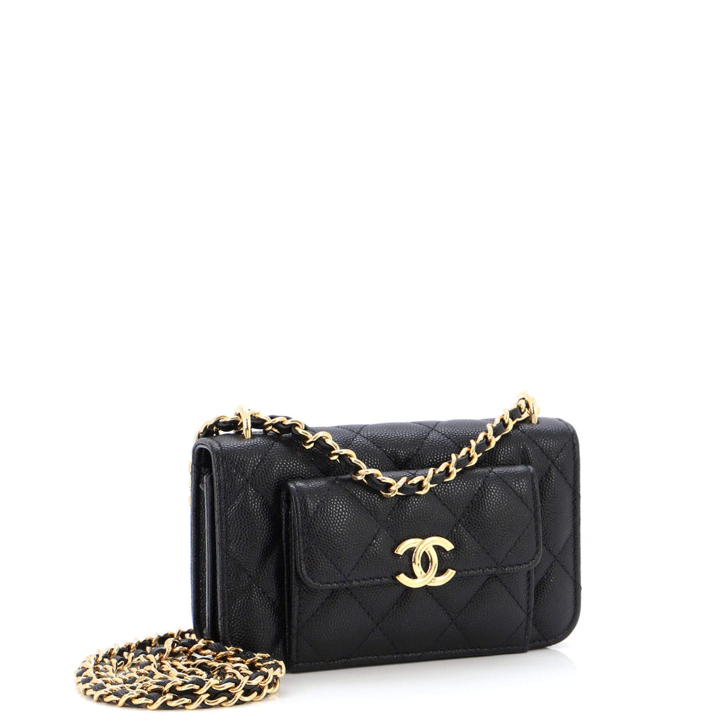 Pocket Twins Clutch with Chain Quilted Caviar