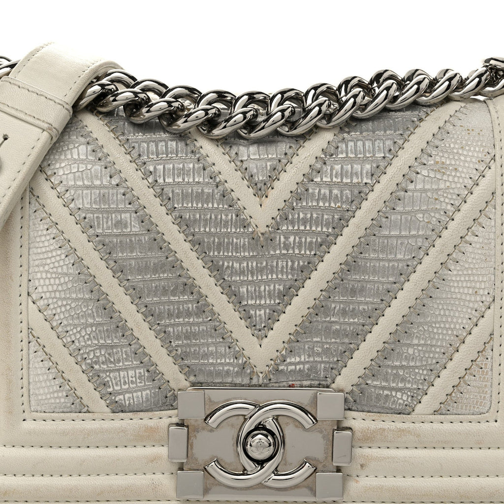 Lizard Chevron Stitched Small Boy Flap White Silver