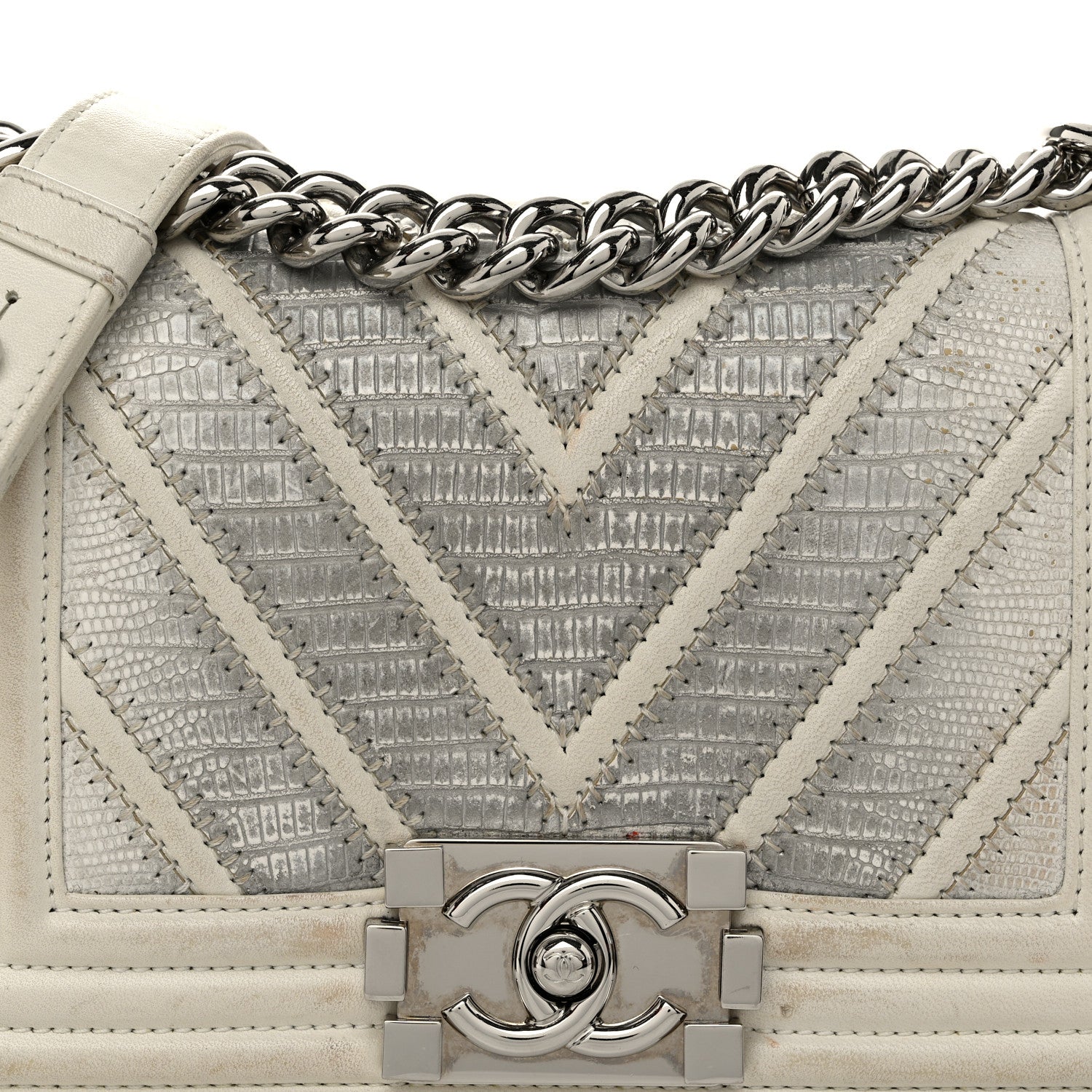 Lizard Chevron Stitched Small Boy Flap White Silver