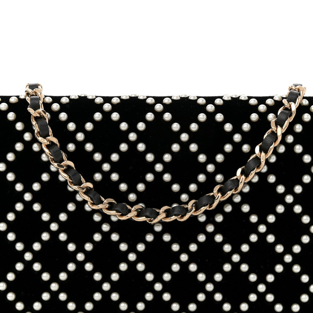Velvet Pearl Diamond Embellished Wallet On Chain WOC Black