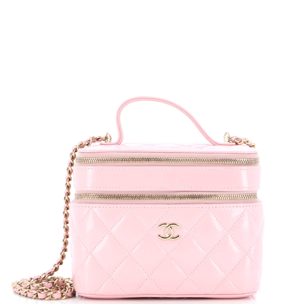 Double Decker Vanity Case with Chain Quilted Shiny Lambskin Small