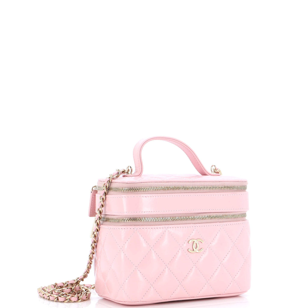 Double Decker Vanity Case with Chain Quilted Shiny Lambskin Small