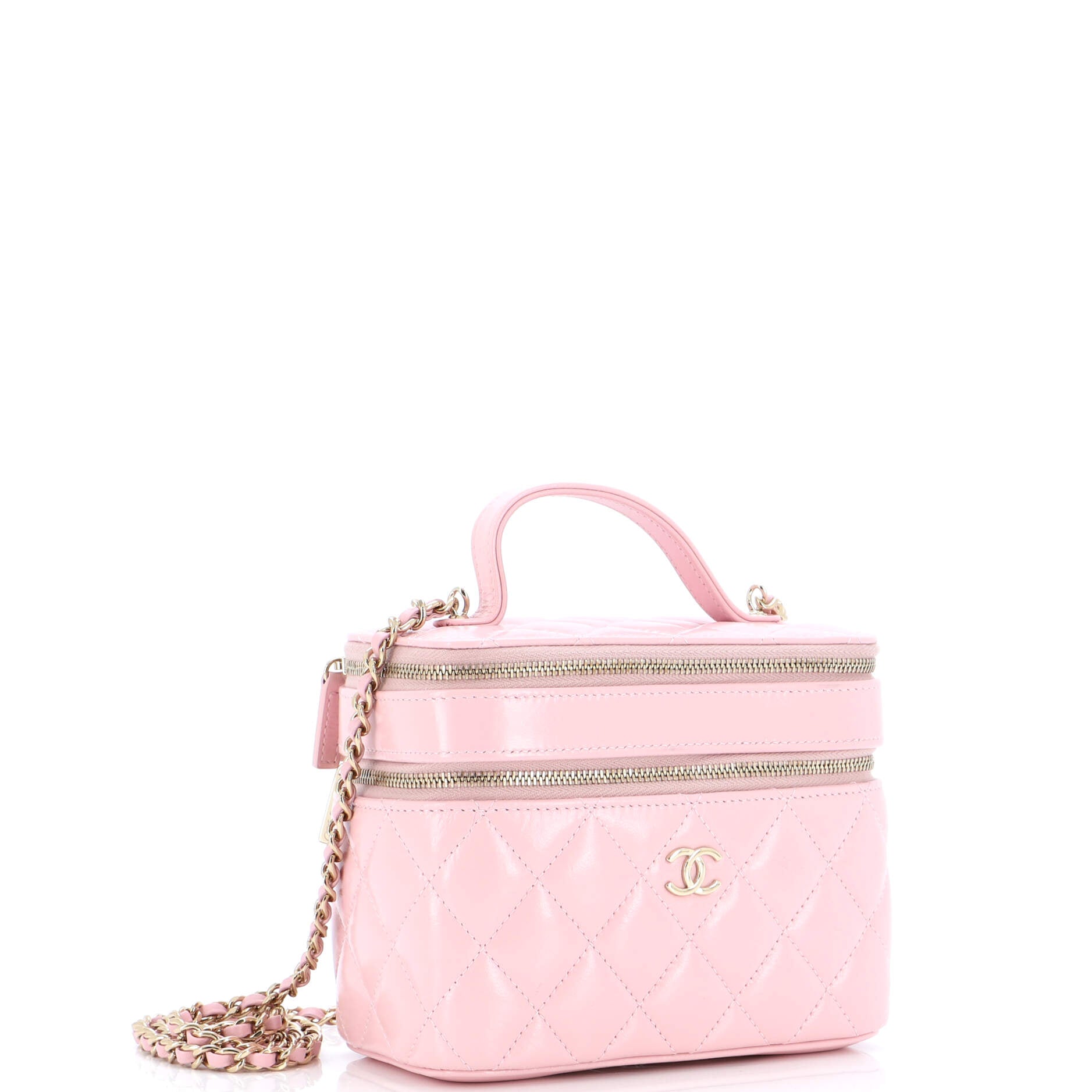 Double Decker Vanity Case with Chain Quilted Shiny Lambskin Small