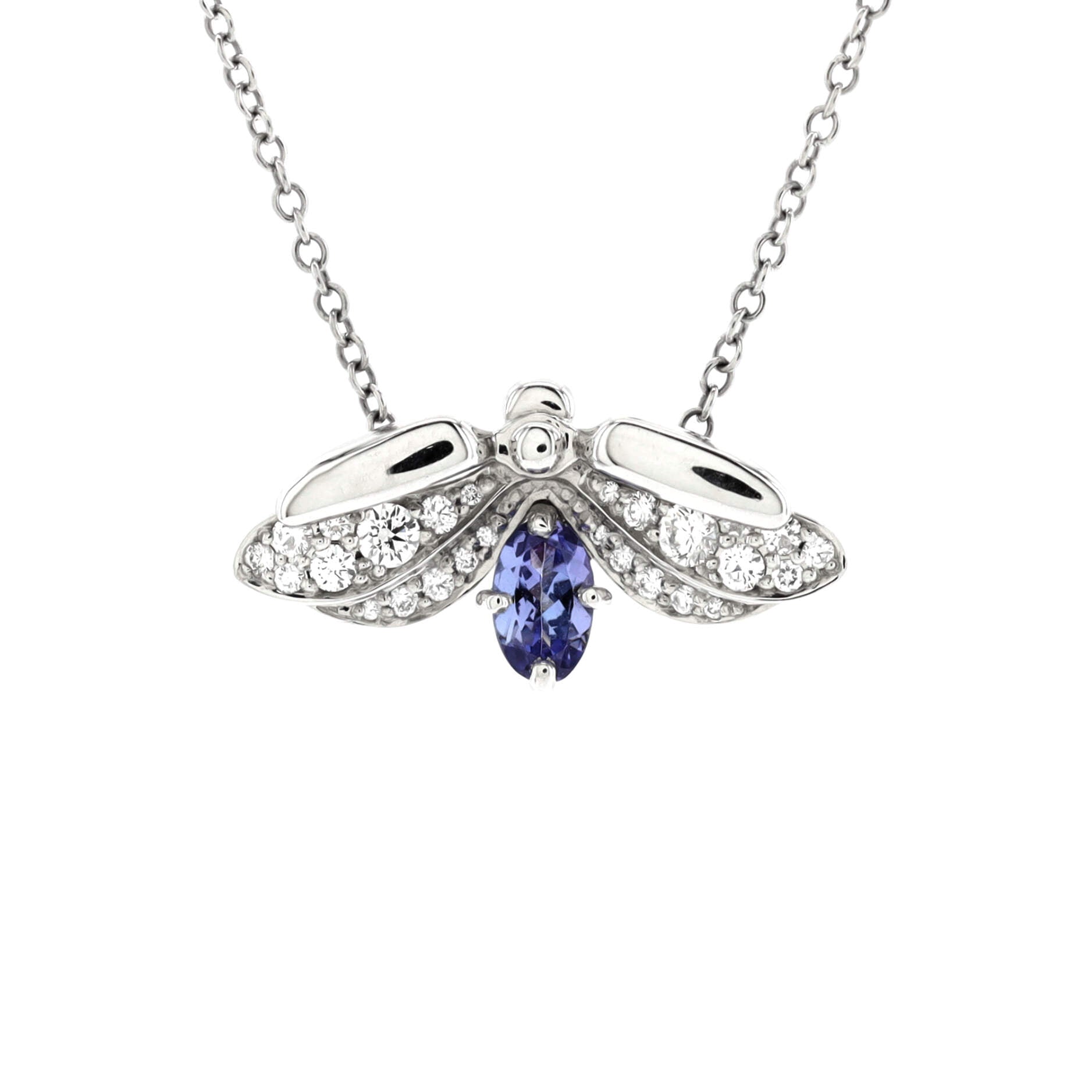 Paper Flowers Firefly Pendant Necklace Platinum with Diamonds and Tanzanite Small