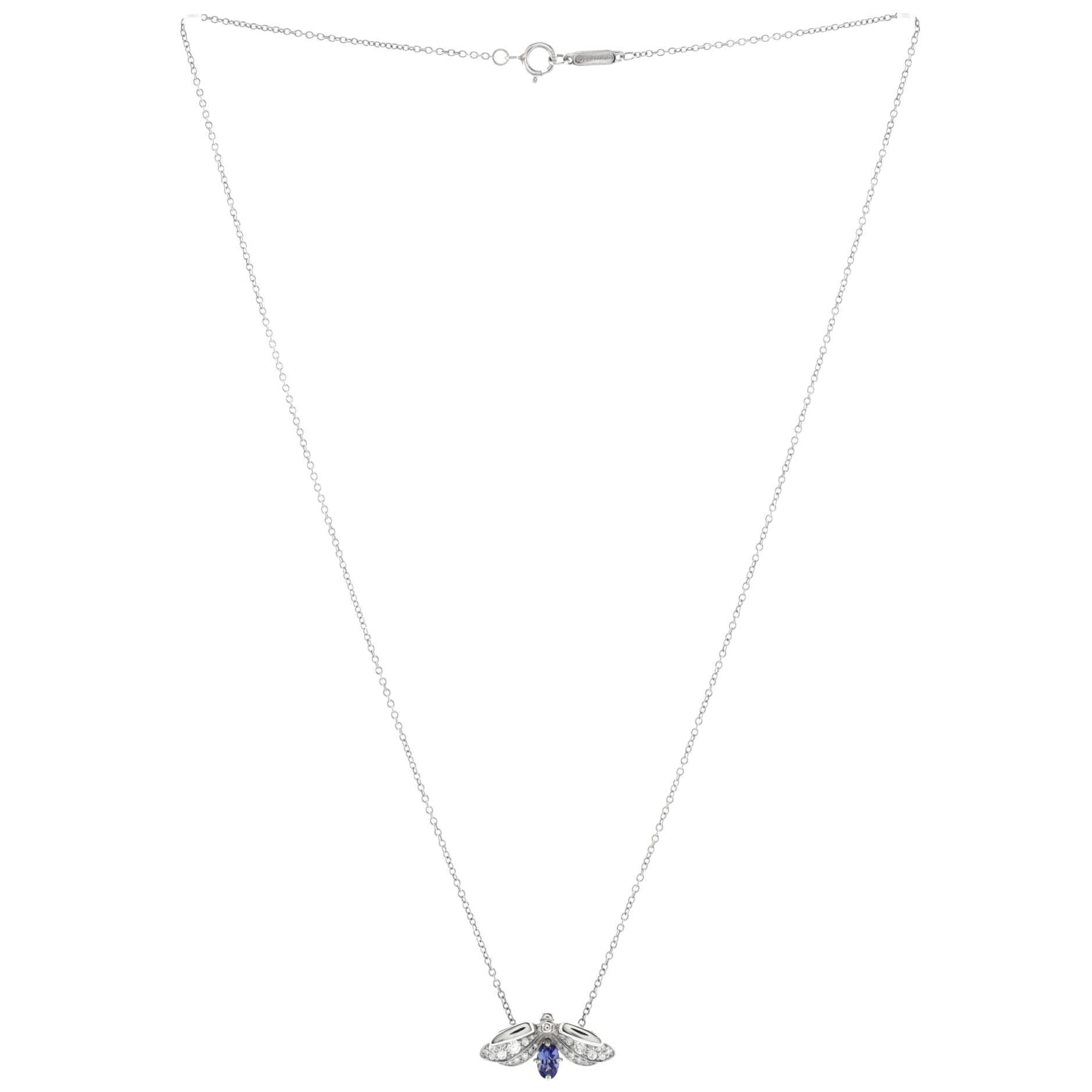 Paper Flowers Firefly Pendant Necklace Platinum with Diamonds and Tanzanite Small