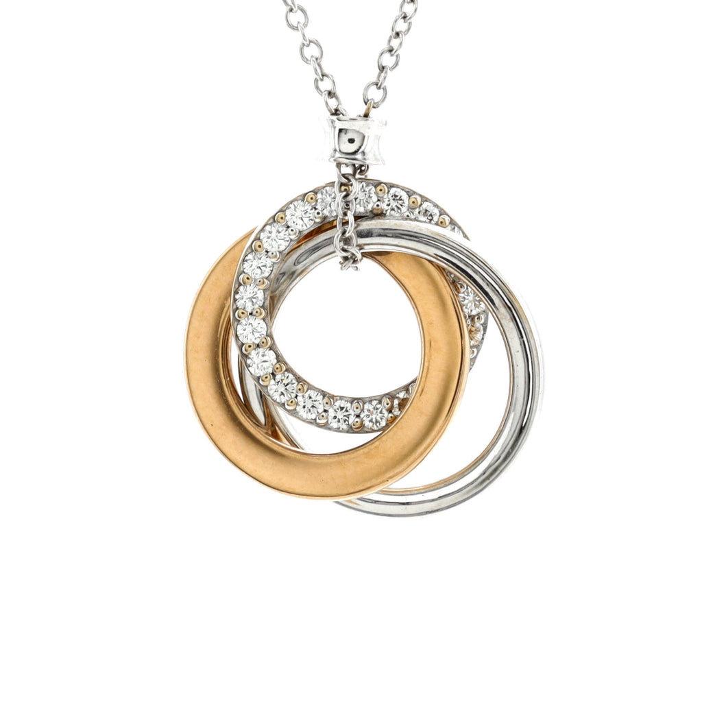 Triple Interlocking Circles Pendant Necklace 18k White Gold with 18k Rose Gold and Diamonds