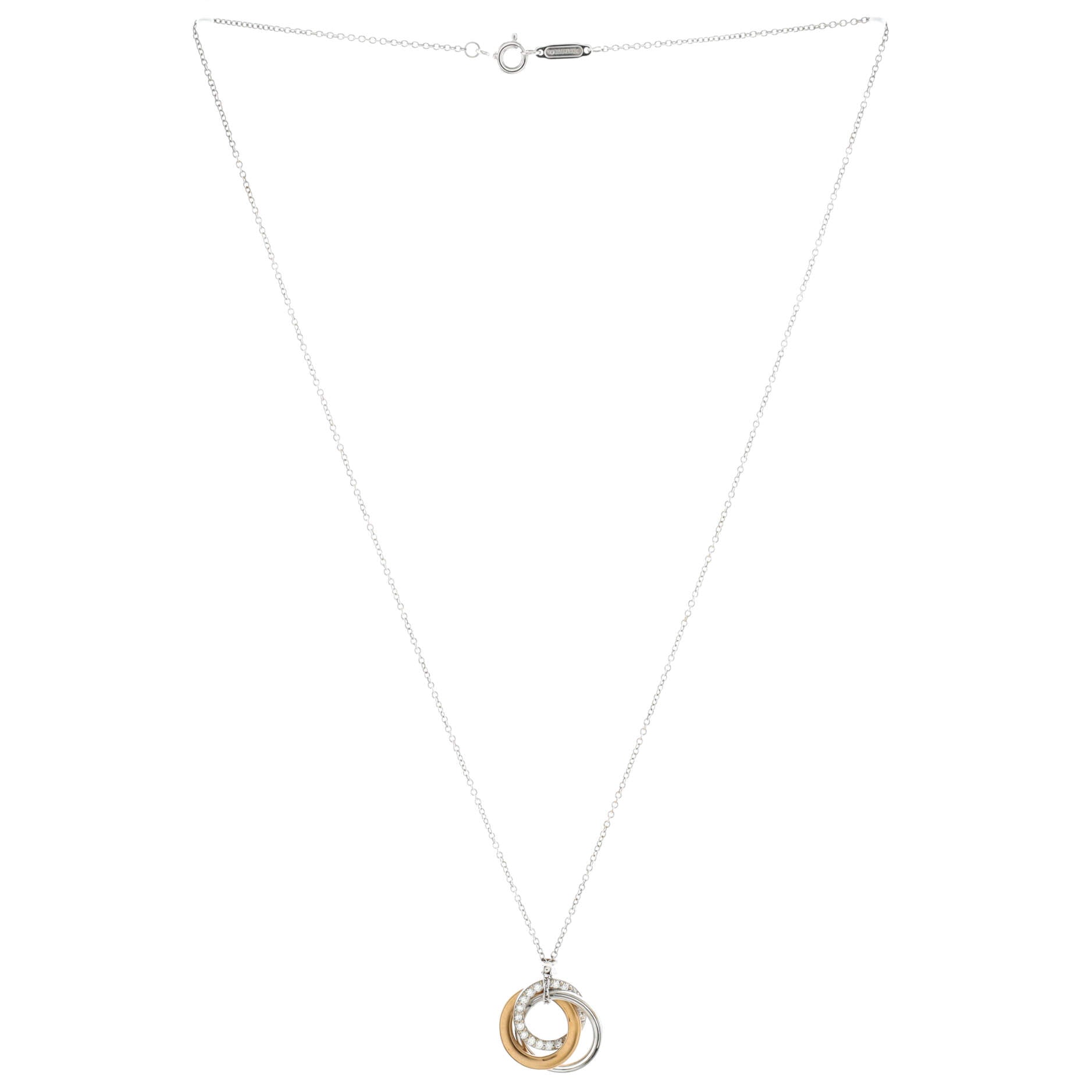 Triple Interlocking Circles Pendant Necklace 18k White Gold with 18k Rose Gold and Diamonds