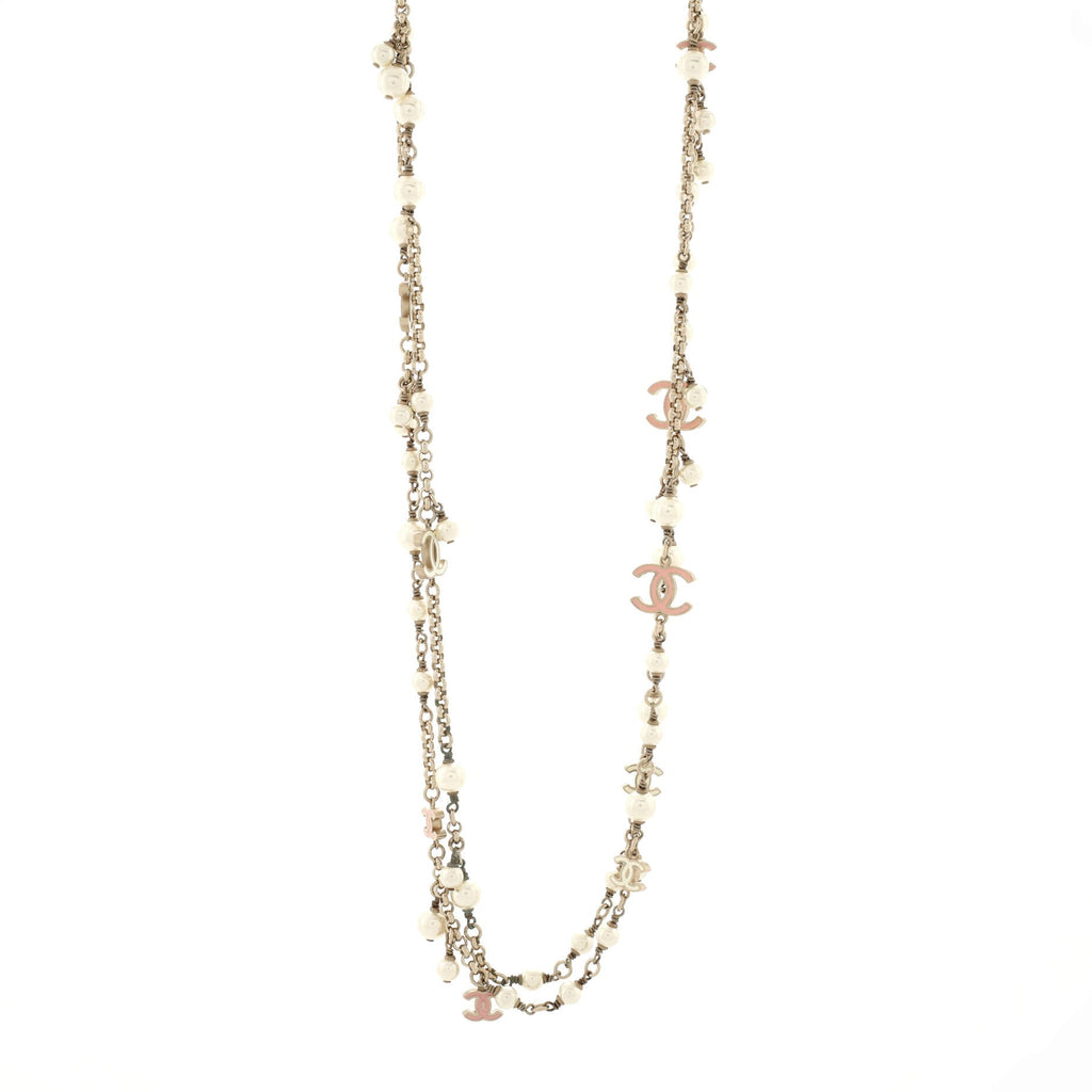 CC Station Long Necklace Metal with Faux Pearls and Enamel