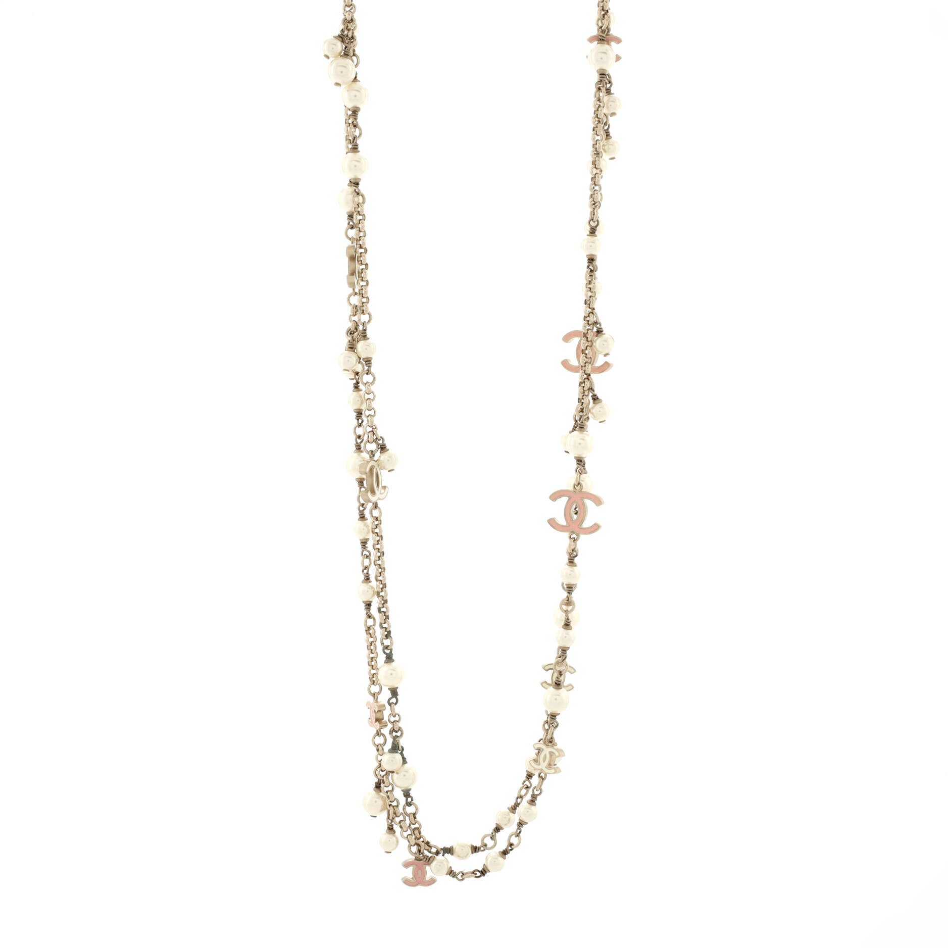 CC Station Long Necklace Metal with Faux Pearls and Enamel