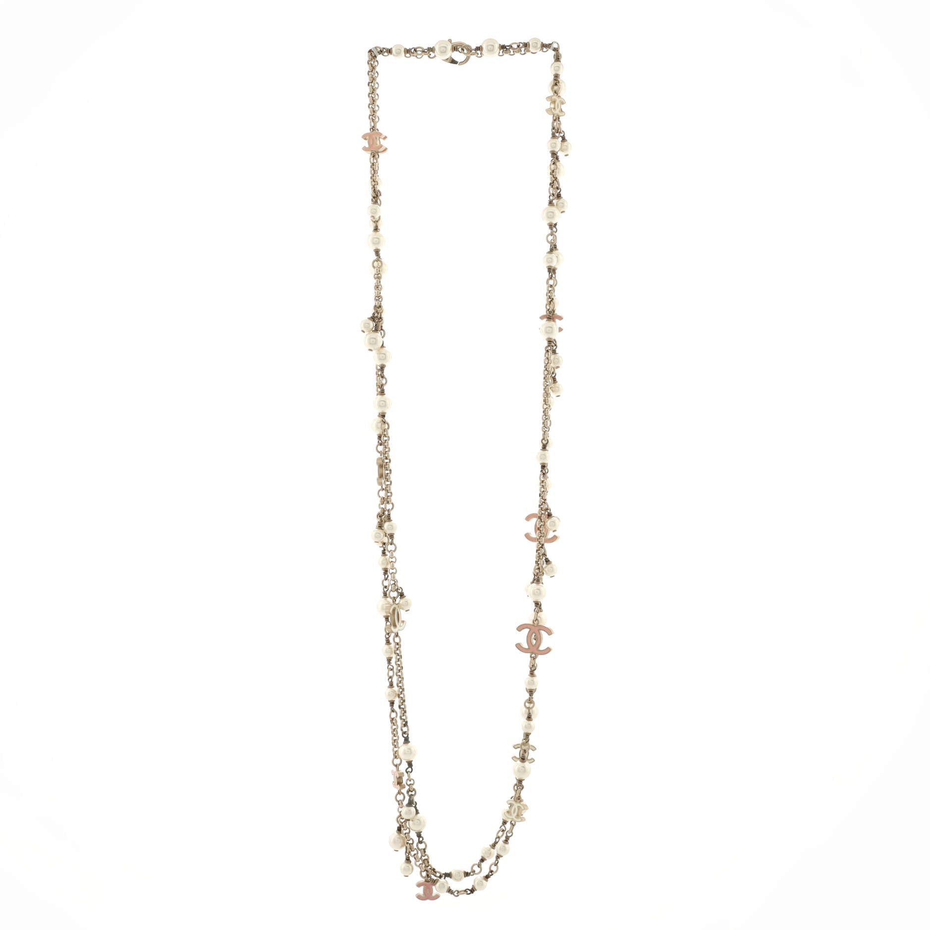 CC Station Long Necklace Metal with Faux Pearls and Enamel