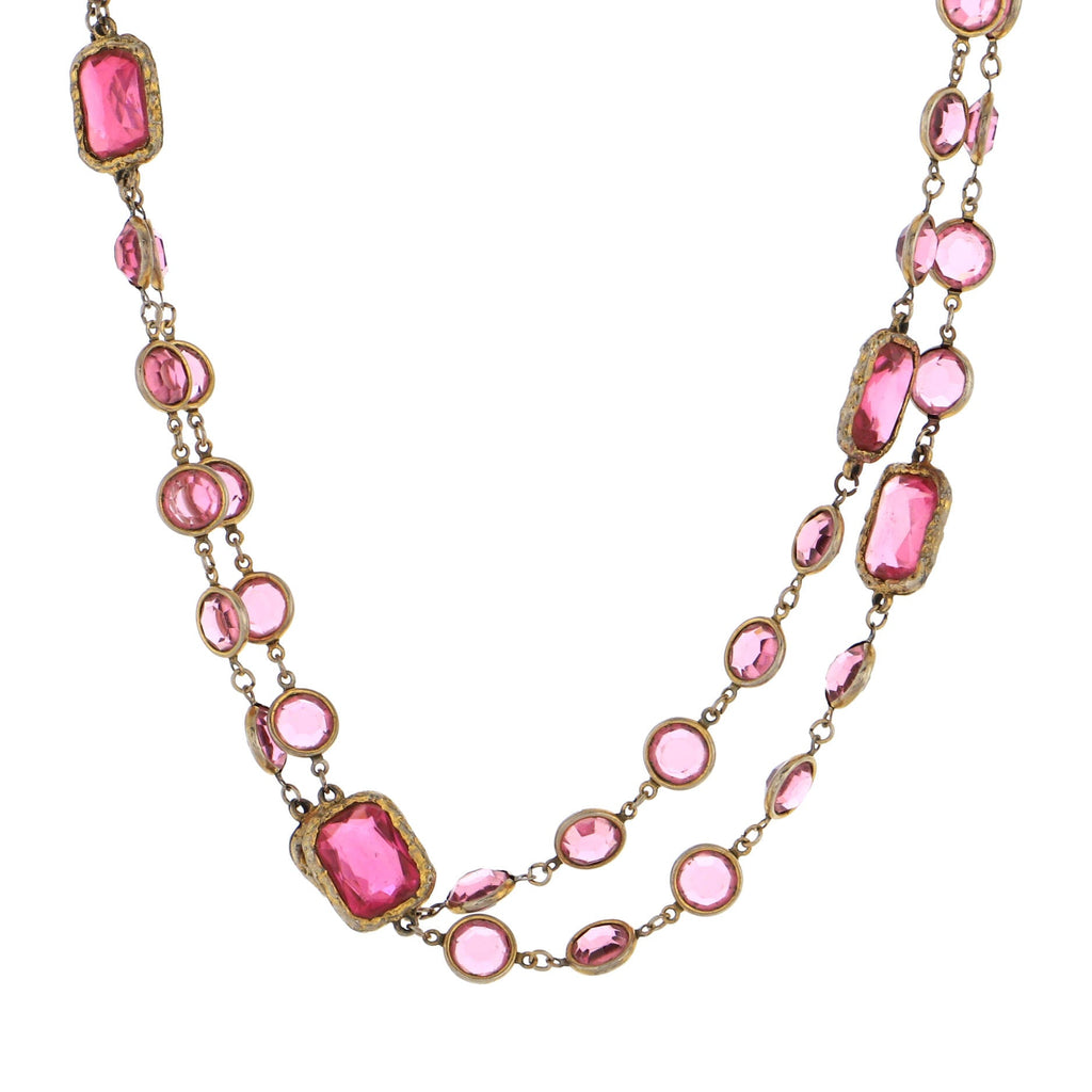 Vintage Chicklet Sautoir Necklace Metal with Crystals