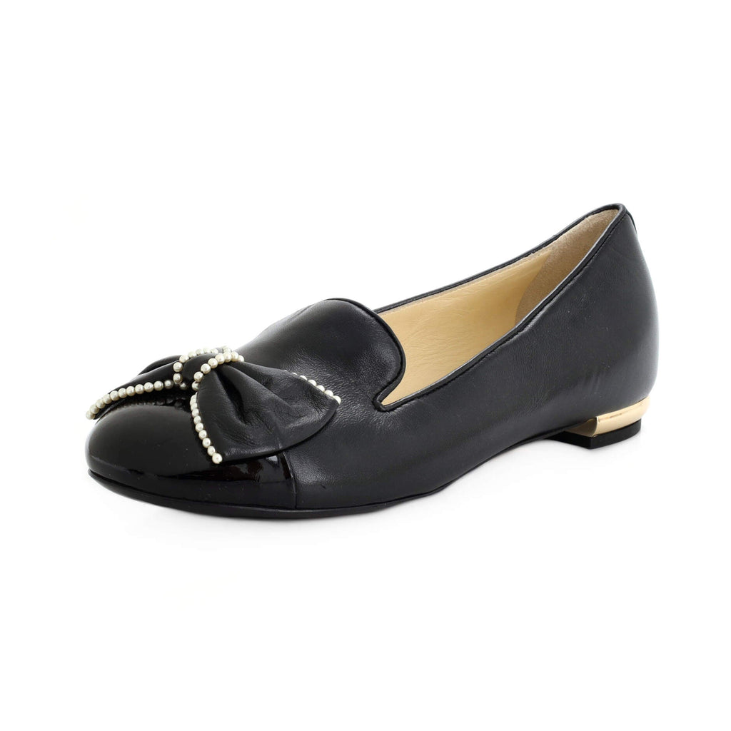 Women's Cap Toe Bow Flats Leather and Patent with Faux Pearls
