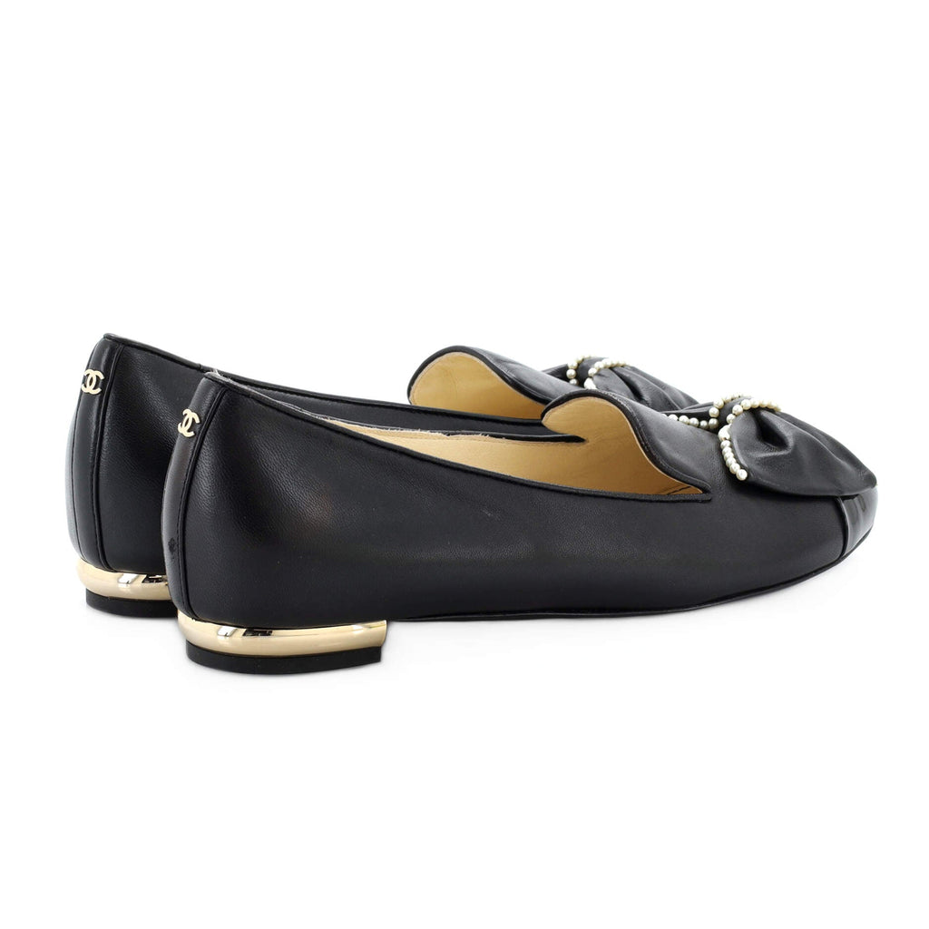 Women's Cap Toe Bow Flats Leather and Patent with Faux Pearls