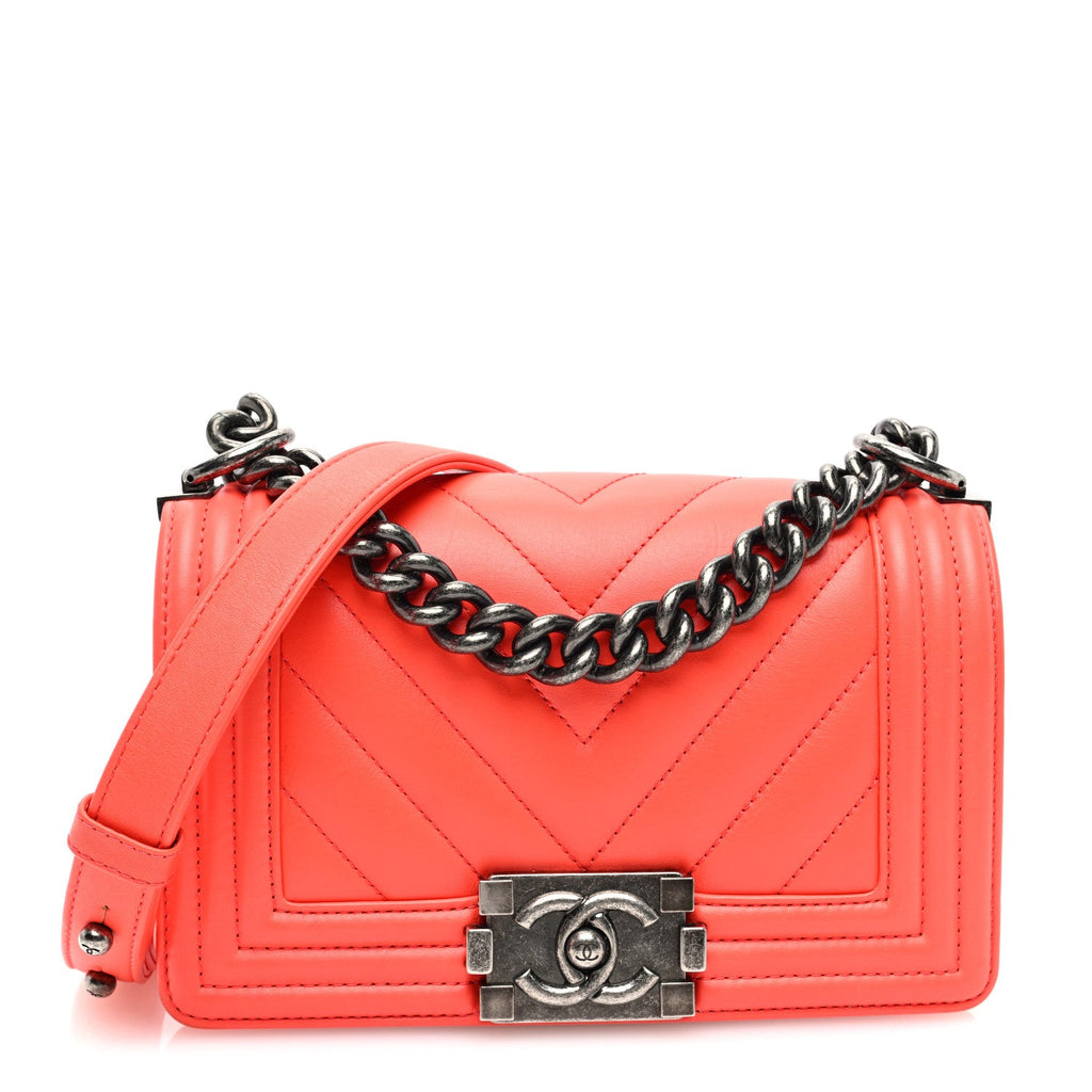Calfskin Chevron Quilted Small Boy Flap Coral