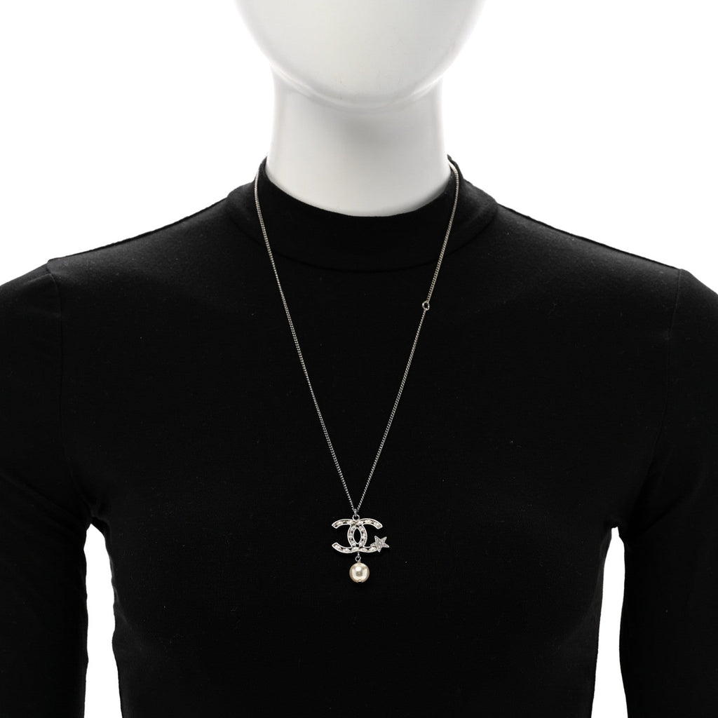 Crystal CC Star Pearl Drop Necklace Silver