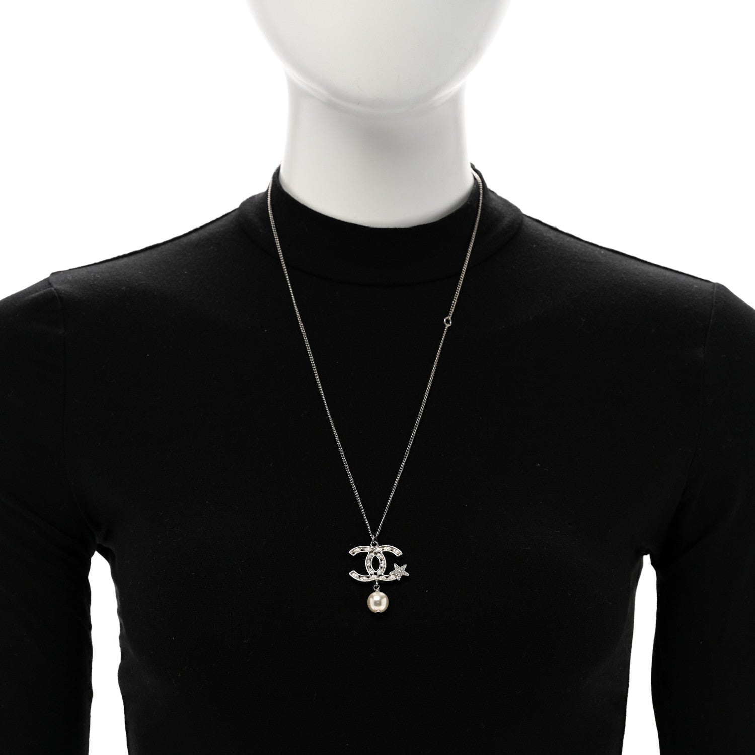 Crystal CC Star Pearl Drop Necklace Silver